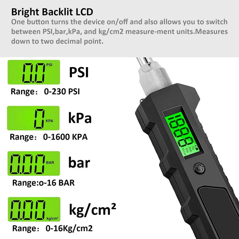 Number-one Digital Tire Pressure Gauge 230 PSI Auto Shut Off LCD Backlight Digital Display RV Heavy Duty Dual Head Rotatable Pressure Measuring Valve with LED Flashlight for RV Car Truck Motorcycle - Image 4